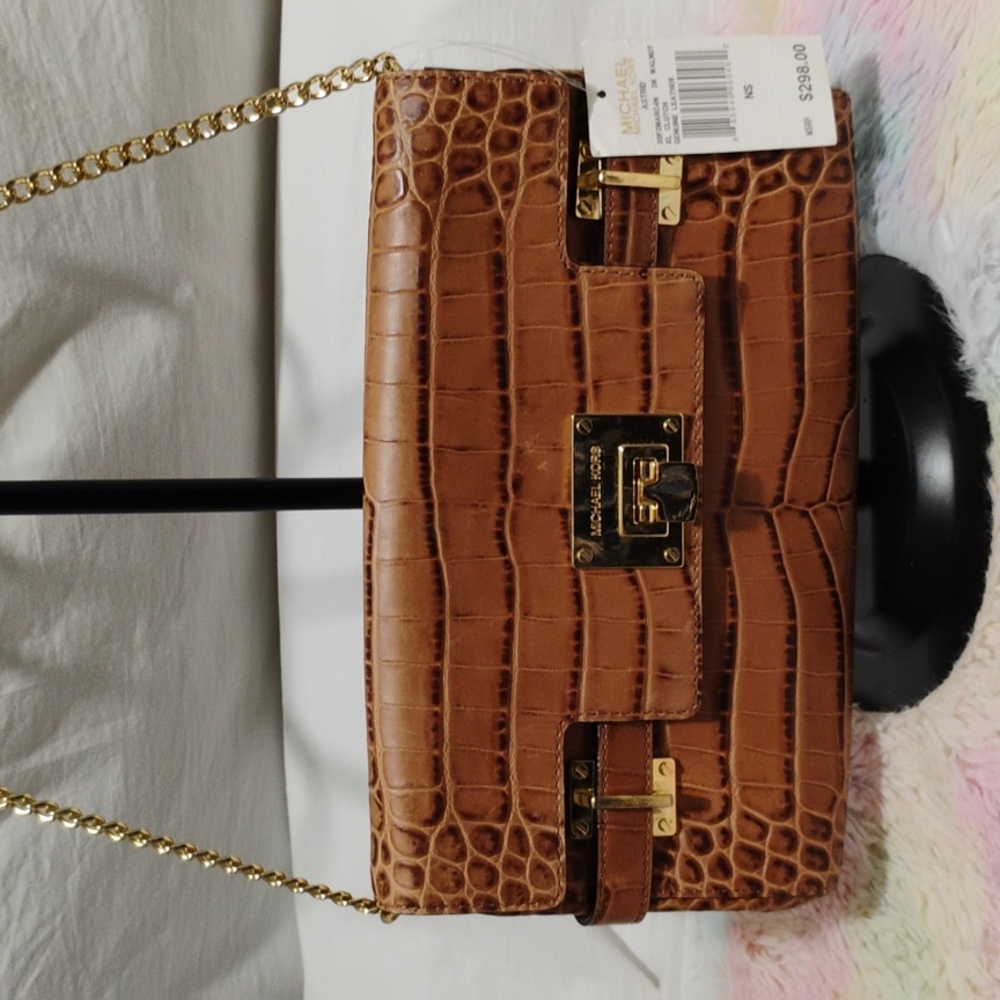 SALE! NWT Michael Kors Astrid Walnut XL Genuine Leather Clutch W Chain Strap - Picture 2 of 12